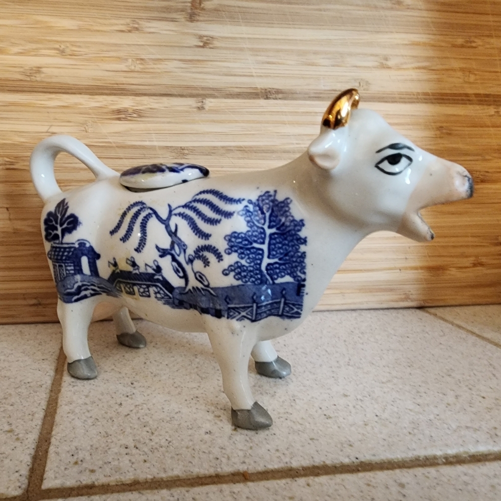 Stafford Blue and White Ceramic Cow Figurine Art